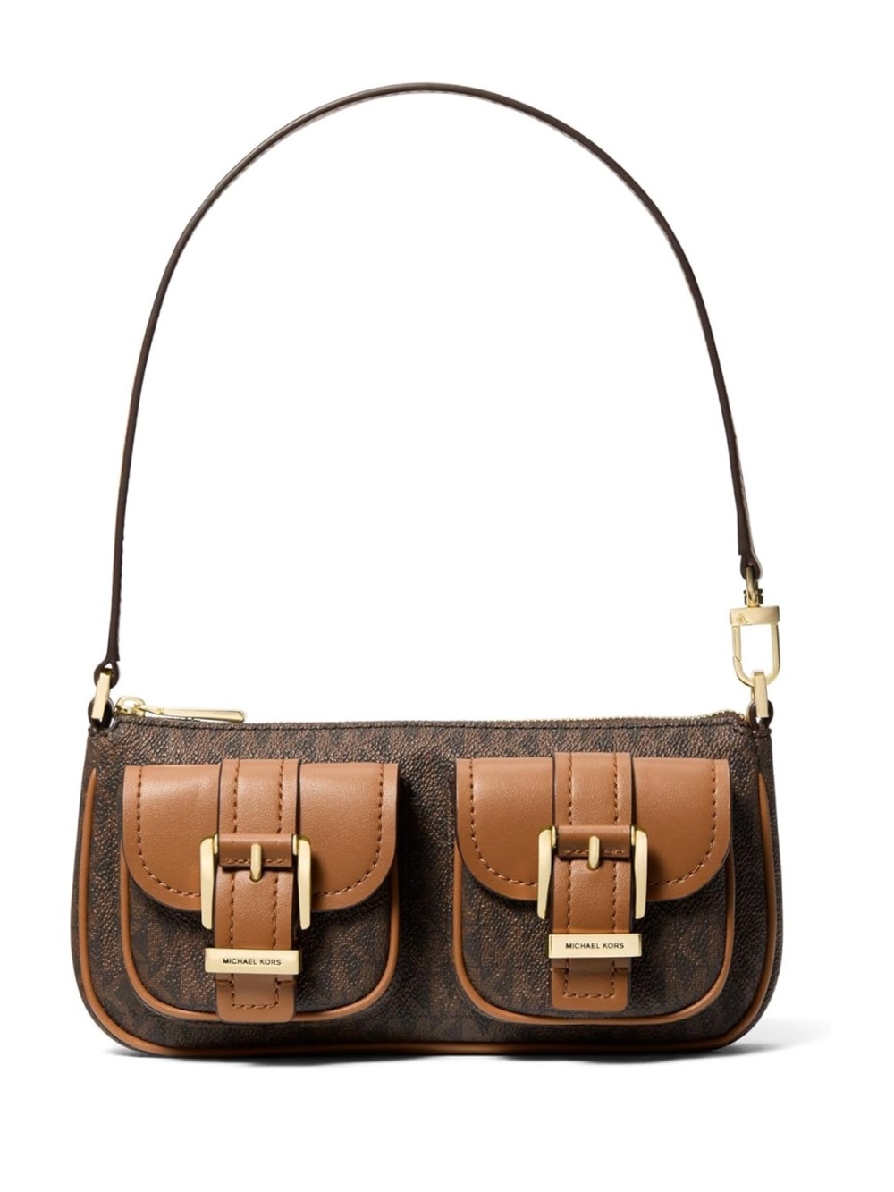 Michael Kors Two-Pocket Brown and Tan Zoe pochette Shoulder Bag with Gold - New